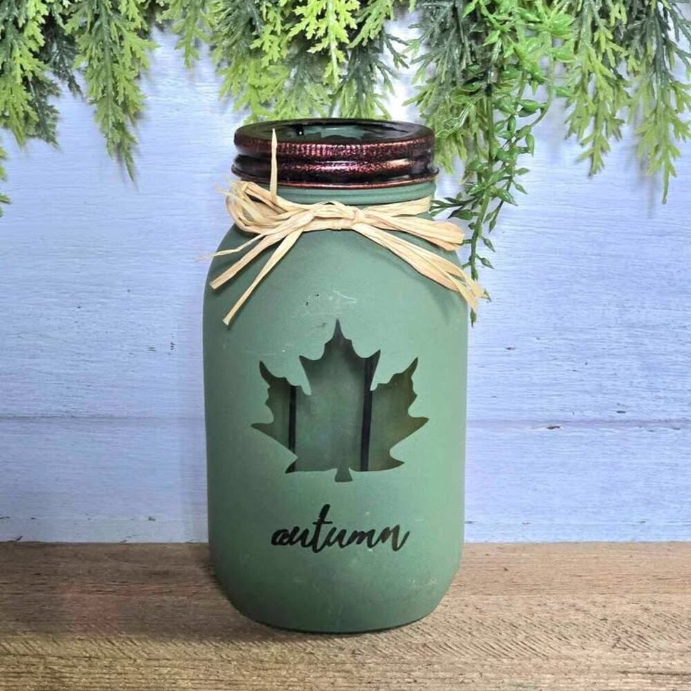 Green Painted Glass Maple Leaf Autumn Jar Tealight Candle Holder Fall Decor